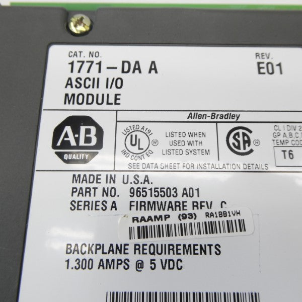 ALLEN BRADLEY 1771-DA SER. A F/W C 5VDC 1.3A REV. E01 NSNP