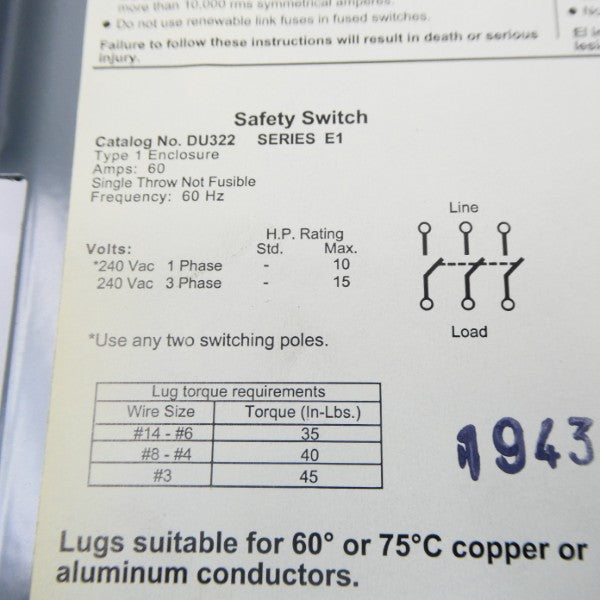 SQUARE D DU322 SER. E1 240VAC 60A NSNP