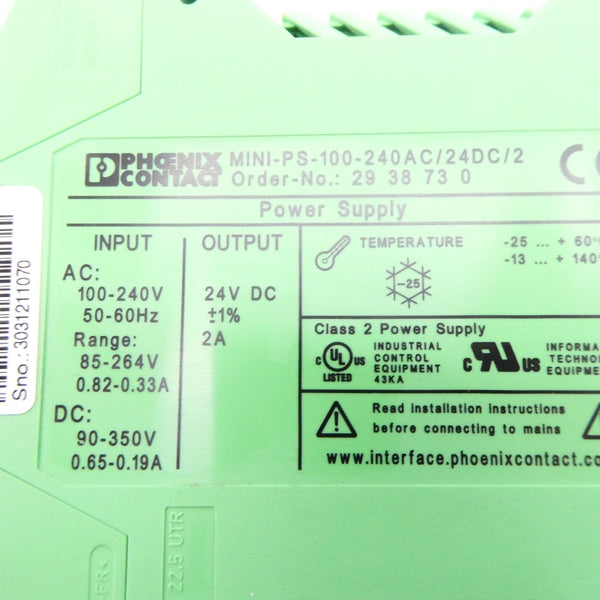 PHOENIX CONTACT MINI-PS-100-240AC/24DC/2 2938730 24VDC 2A NSNP
