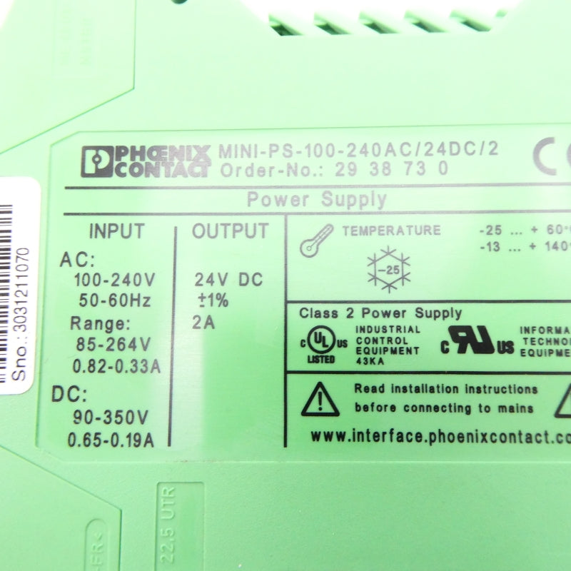 PHOENIX CONTACT MINI-PS-100-240AC/24DC/2 2938730 24VDC 2A NSNP