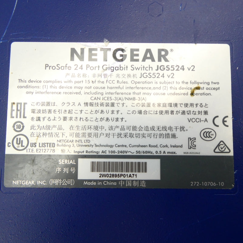 NETGEAR JGS524 V2 100-240VAC 0.5A UNMP