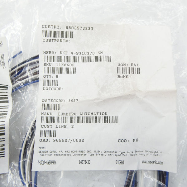 LUMBERG AUTOMATION RKF 4-S3103/0.5M (PKG OF 4) NSMP