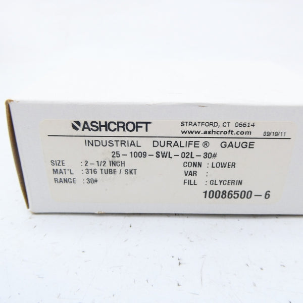ASHCROFT 25-1009-SWL-02L-30# 0-30PSI 2-1/2" NSMP