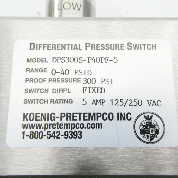 KOENIG PRETEMPCO DPS300S-P40PF-5 125/250VAC 5A 0-40PSI NSMP