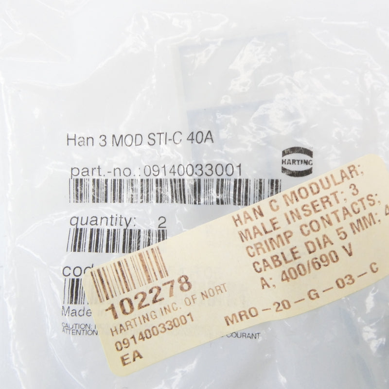 HARTING 09140033001 HAN 3 MOD STI-C 40A (PKG OF 2) NSMP