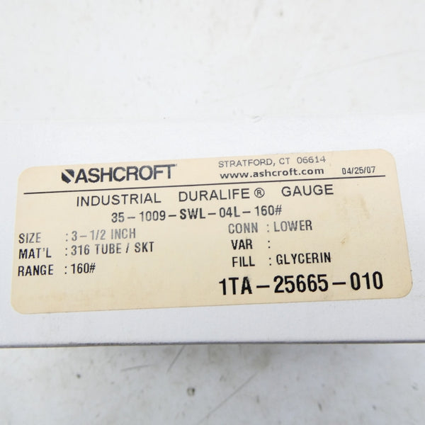 ASHCROFT 35-1009-SWL-04L-160# 160PSI 3-1/2" NSMP