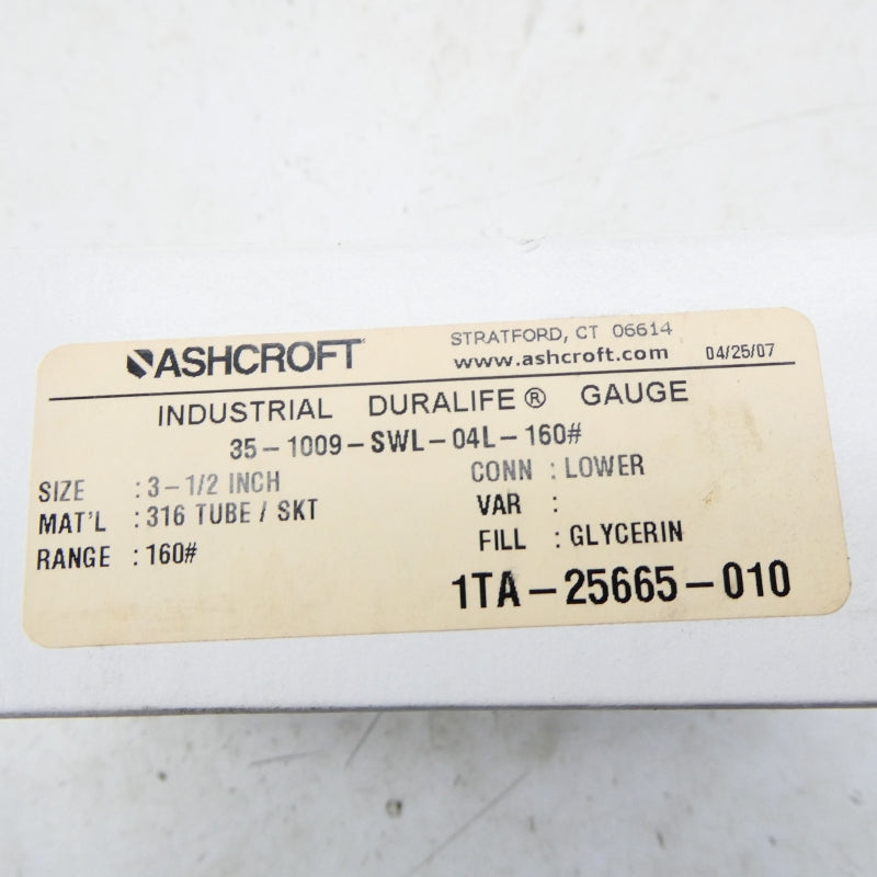 ASHCROFT 35-1009-SWL-04L-160# 160PSI 3-1/2" NSMP