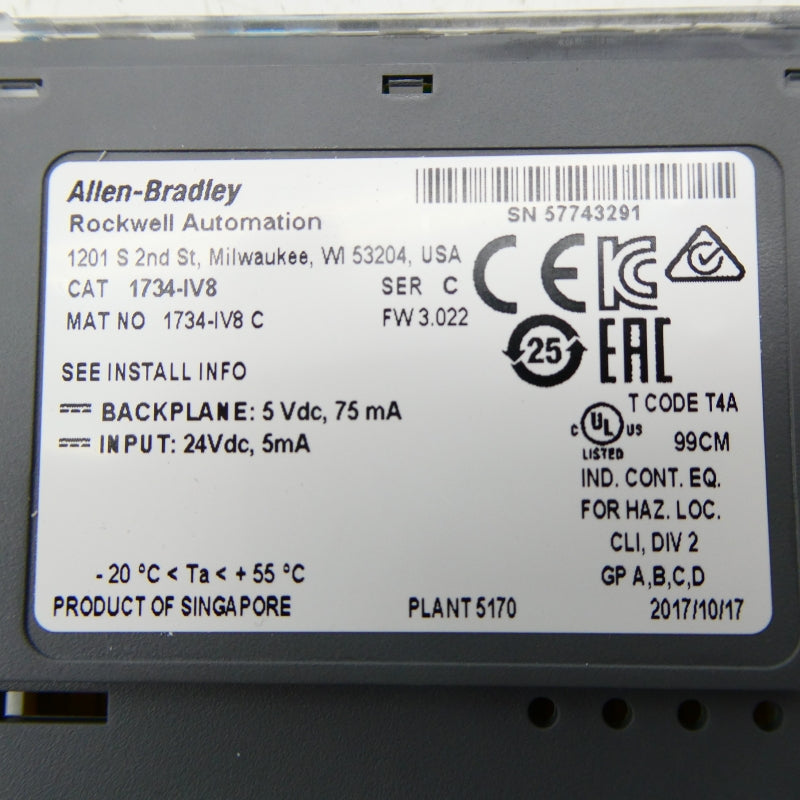 ALLEN BRADLEY 1734-IV8 SER. C F/W 3.022 24VDC (PKG OF 10) NSMP