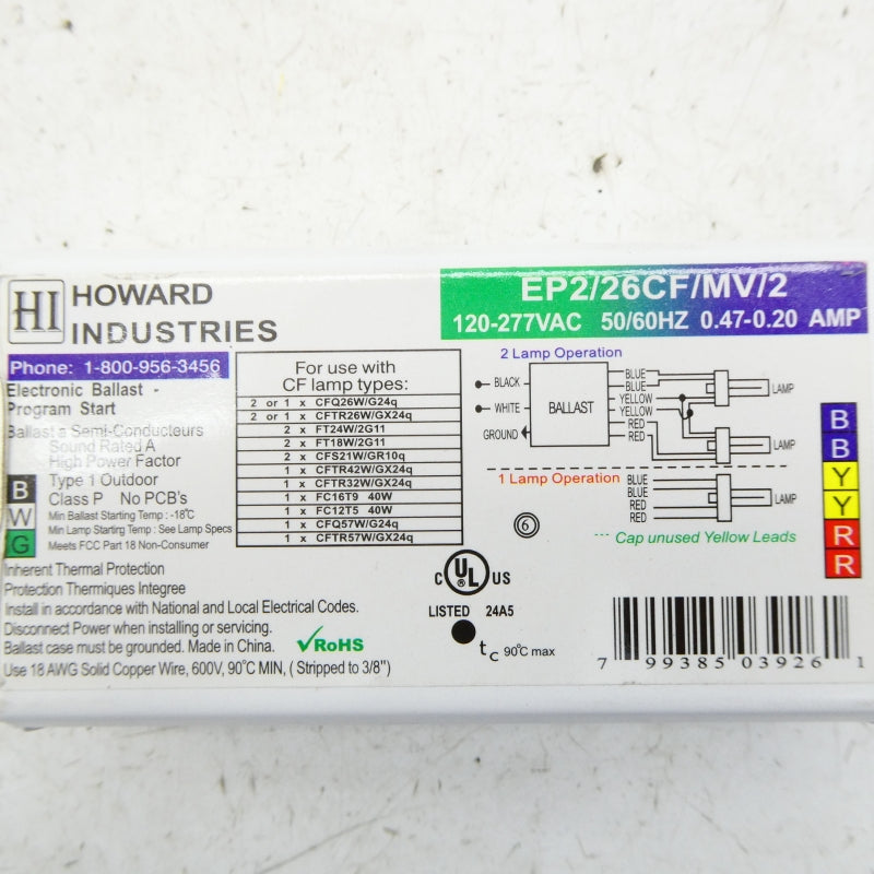 HOWARD INDUSTRIES EP2/26CF/MV/2 120-277VAC 0.47-0.20A NSNP