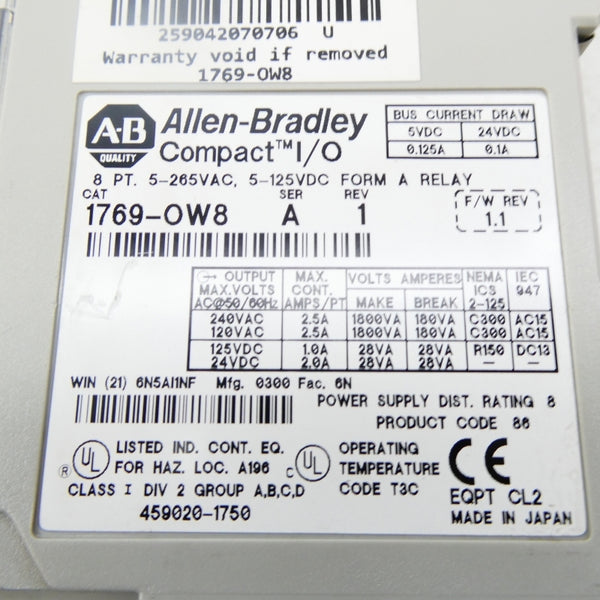 ALLEN BRADLEY 1769-OW8 SER. A F/W 1.1 5-265VAC REV. 1 NSNP