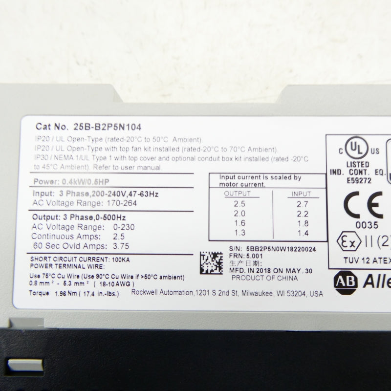 ALLEN BRADLEY 25B-B2P5N104 SER. A F/W 5.001 170-264V 1.4-2.7A NSMP