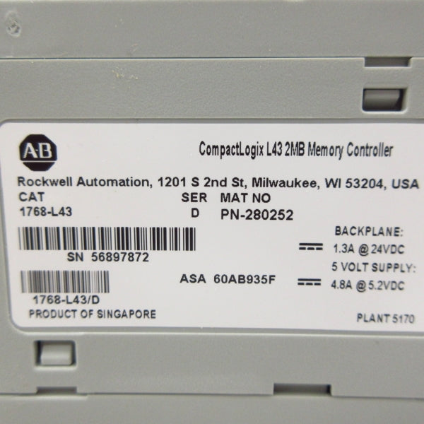 ALLEN BRADLEY 1768-L43 SER. D F/W 1.06 5.2VDC 4.8A NSMP