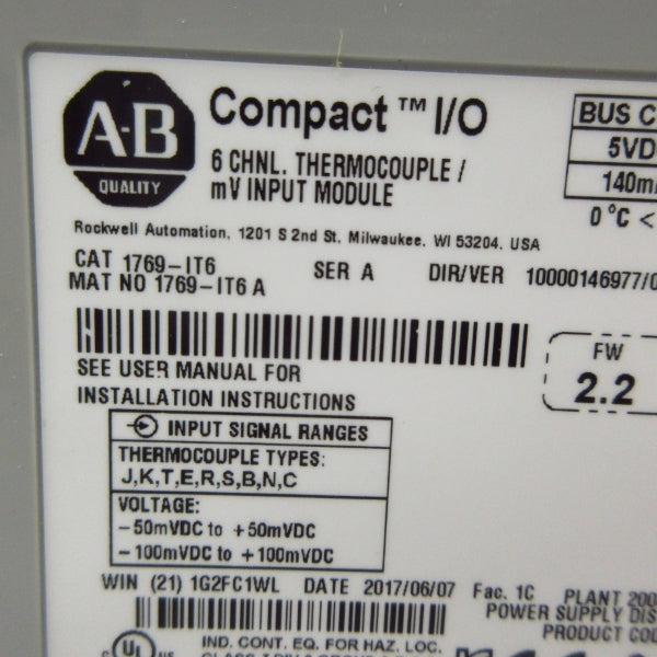 ALLEN BRADLEY 1769-IT6 SER. A F/W 2.2 24VDC NSMP