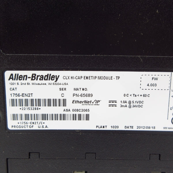 ALLEN BRADLEY 1756-EN2T SER. C  F/W 4.003 24VDC 1A NSMP