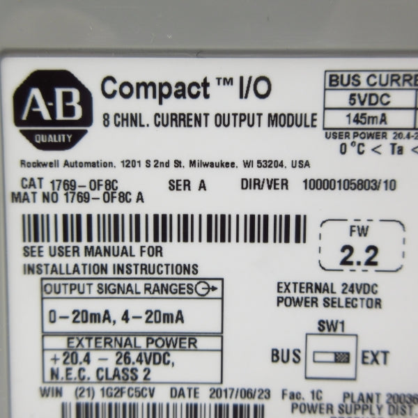 ALLEN BRADLEY 1769-OF8C SER. A F/W 2.2 24VDC NSMP
