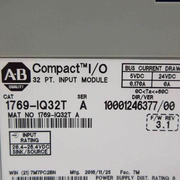 ALLEN BRADLEY 1769-IQ32T SER. A F/W 3.1 24VDC NSMP