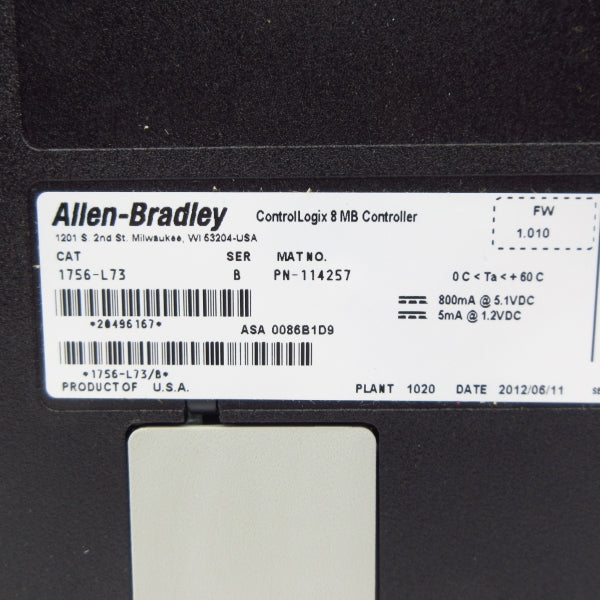 ALLEN BRADLEY 1756-L73 SER. B F/W 1.010 5.1VDC (NO KEY) NSMP