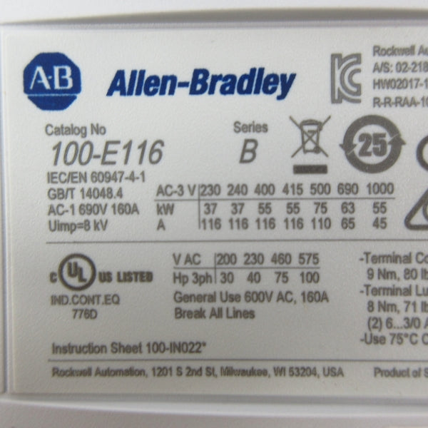 ALLEN BRADLEY 100-E116KJ11 SER. B 690V 160A (BR/WH) NSMP