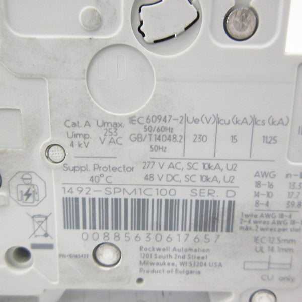 ALLEN BRADLEY 1492-SPM1C100 SER. D 277VAC 10A NSMP