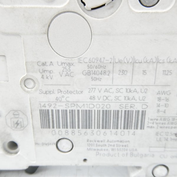 ALLEN BRADLEY 1492-SPM1D020 SER. D 277VAC 2A NSNP