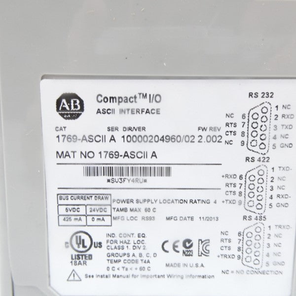 ALLEN BRADLEY 1769-ASCII SER. A F/W 2.002 24VDC NSNP