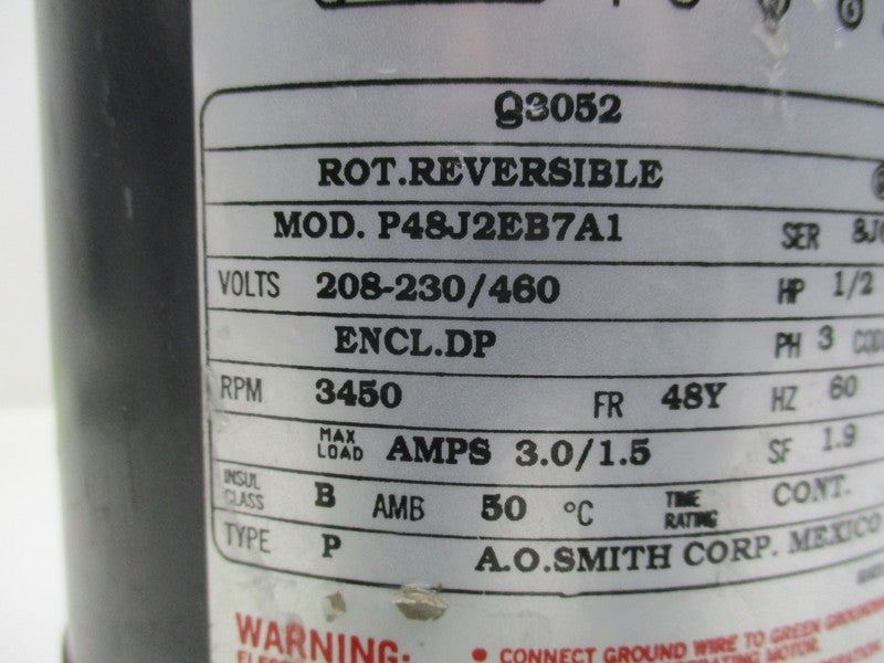 A.O. SMITH Q3052  MOTOR 1/2 HP 3450 RPM  UNMP