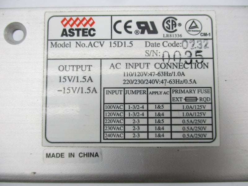 ASTEC ACV15D1.5 110/120V 1.0A NSNP