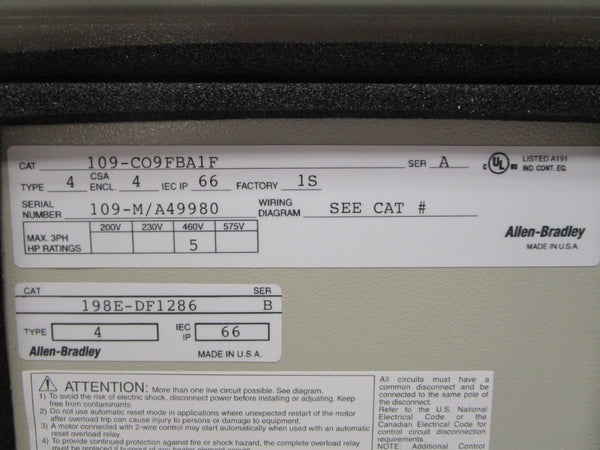 ALLEN BRADLEY 109-CO9FBA1F SER. A NSMP