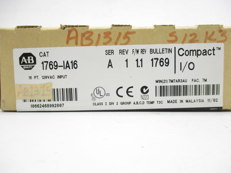 ALLEN BRADLEY 1769-IA16 SER. A F/W 1.1 120VAC DATE: 2002 NSFS