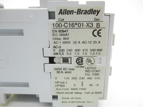 ALLEN BRADLEY 100-C16A01-X3 SER. B 200-208/220-240V 30A UNMP