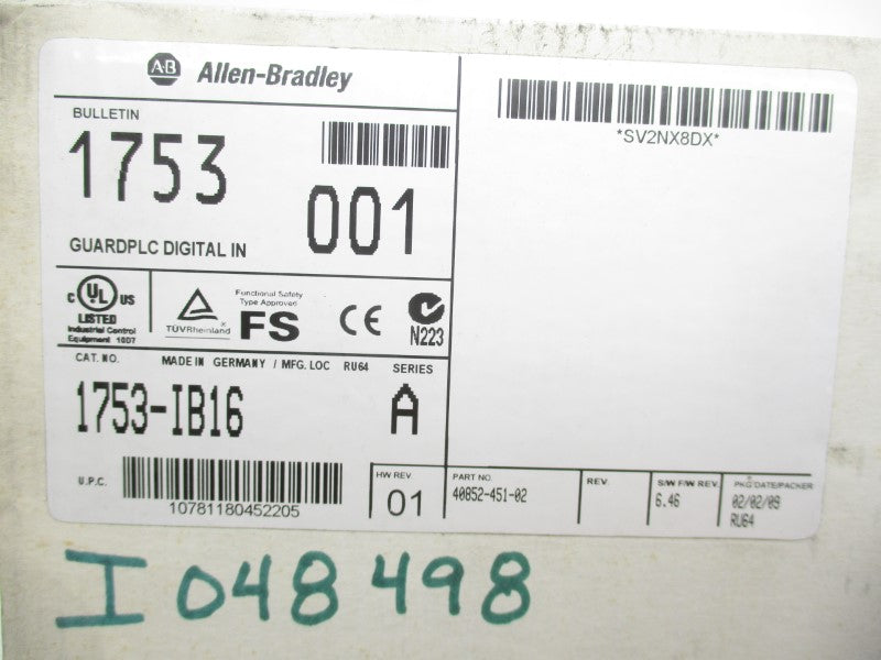 ALLEN BRADLEY 1753-IB16 SER. A DATE: 2009 REV. 01 NSFS