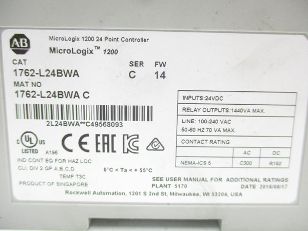 ALLEN BRADLEY 1762-L24BWA SER. C F/W 14 24VDC NSNP