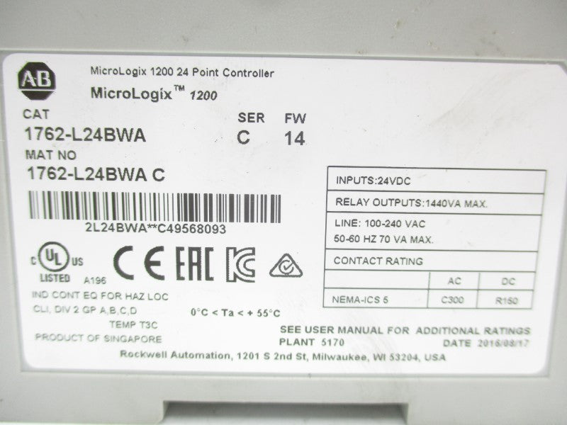 ALLEN BRADLEY 1762-L24BWA SER. C F/W 14 24VDC NSNP
