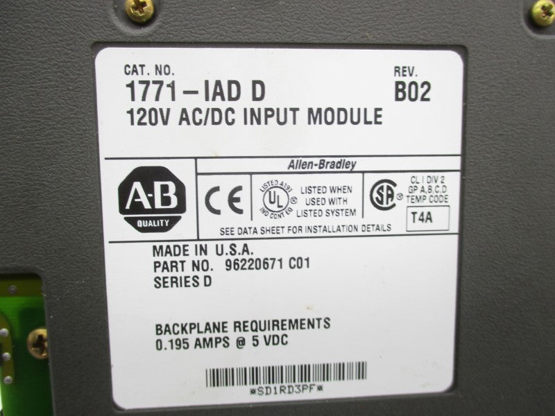 ALLEN BRADLEY 1771-IAD SER. D 120VAC/DC REV. B02 UNMP