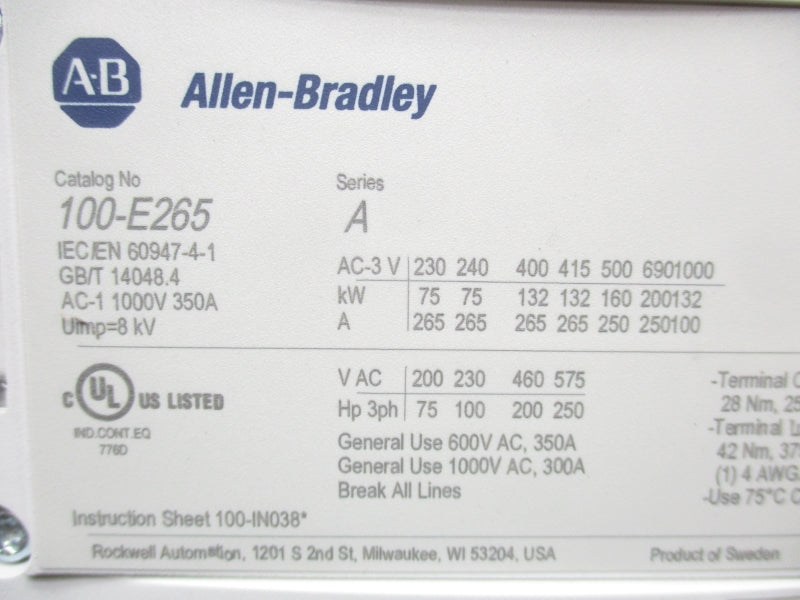 ALLEN BRADLEY 100-E265KD11 SER. B 100-250VAC/DC 350A (BR/WH) NSMP