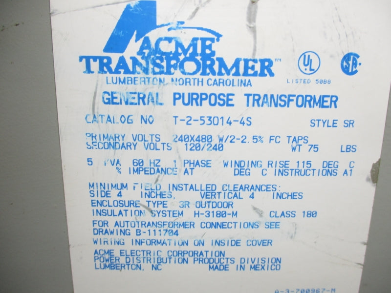 ACME ELECTRIC T-2-53014-4S 240/480V NSNP