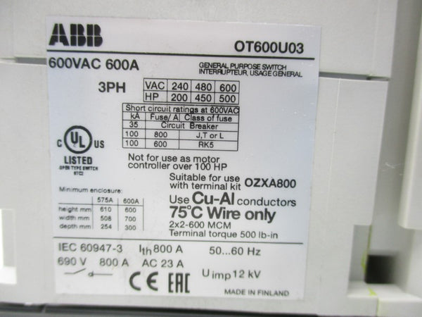 ABB OT600U03 1SCA022798R0730 600VAC 600A NSMP