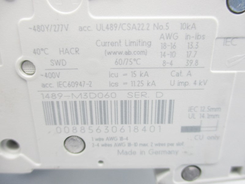 ALLEN BRADLEY 1489-M3D060 SER. D 277V 6A NSMP