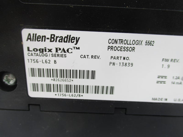 ALLEN BRADLEY 1756-L62 SER. B F/W 1.9 24VDC NSMP