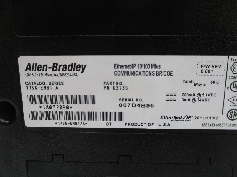 ALLEN BRADLEY 1756-ENBT SER. A F/W 6.001 5.1VDC NSNP