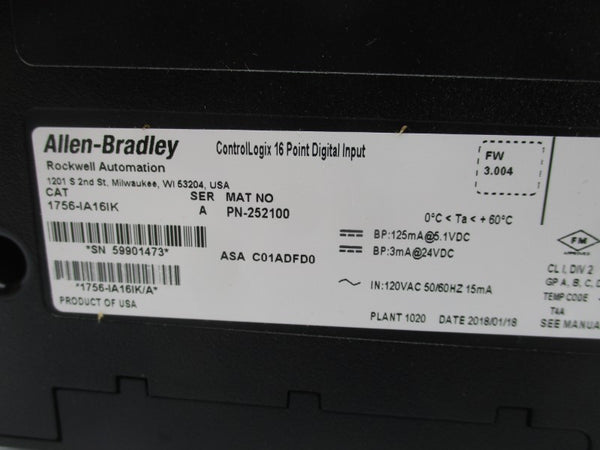 ALLEN BRADLEY 1756-IA16IK SER. A F/W 3.004 5.1VDC (NO TERMINAL) NSMP