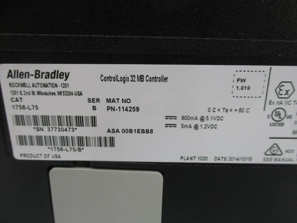 ALLEN BRADLEY 1756-L75 SER. B F/W 1.010 5.1VDC NSMP