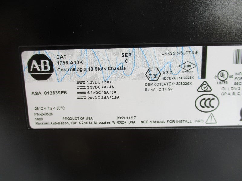 ALLEN BRADLEY 1756-A10K SER. C 24VDC 2.8A (BR/WH) NSMP