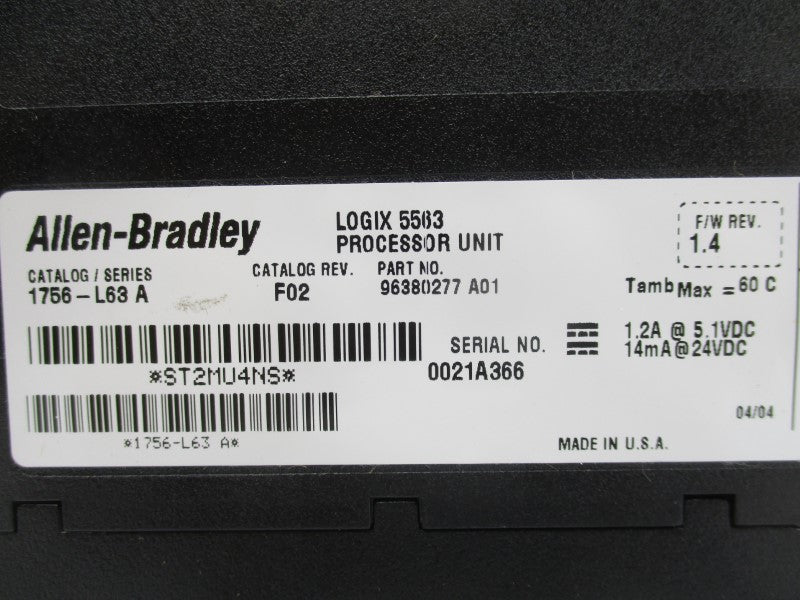ALLEN BRADLEY 1756-L63 SER. A F/W 1.4 24VDC REV. A01 NSMP