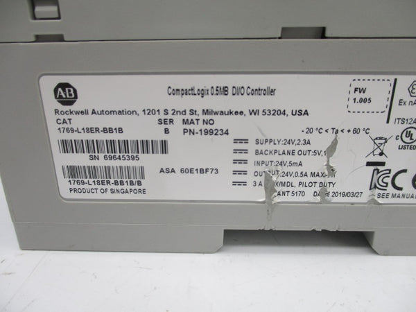 ALLEN BRADLEY 1769-L18ER-BB1B SER. B F/W 1.005 24V 2.3A (AS PICTURED) UNMP