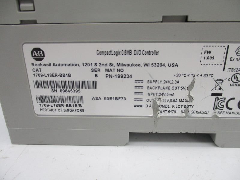 ALLEN BRADLEY 1769-L18ER-BB1B SER. B F/W 1.005 24V 2.3A (AS PICTURED) UNMP