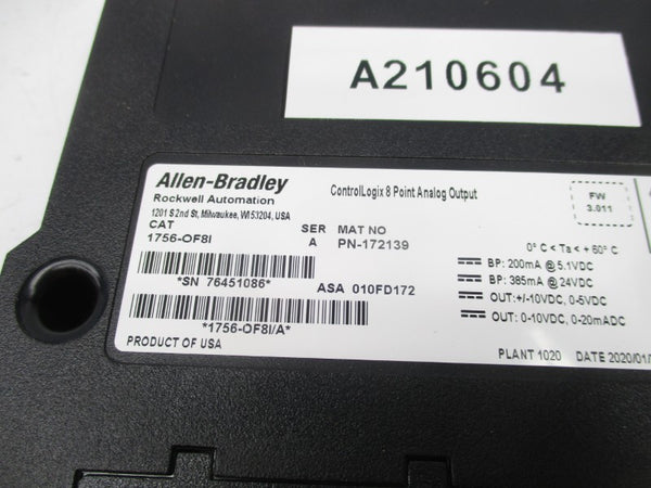 ALLEN BRADLEY 1756-OF8I SER. A F/W 3.011 24VDC (NO TERMINAL) NSMP