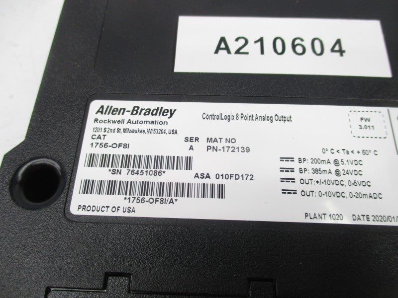 ALLEN BRADLEY 1756-OF8I SER. A F/W 3.011 24VDC (NO TERMINAL) NSMP