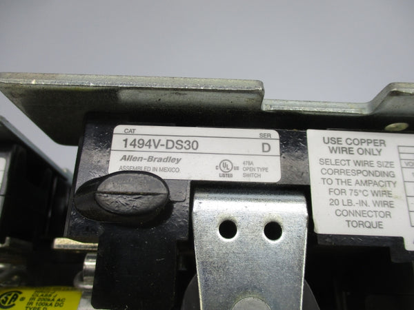 ALLEN BRADLEY 1494V-DS30 SER. D 1495-N8 1494V-FS30 600V 30A UNMP