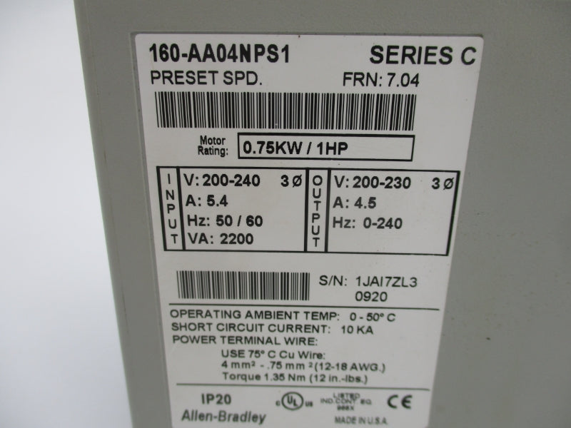 ALLEN BRADLEY 160-AA04NPS1 SER. C F/W 7.04 200-240V 5.4A NSNP